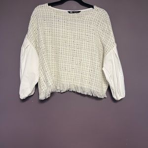 Zara Textured Tweed Look Fringe Hem Crop Top Shirt Puff Sleeve XL